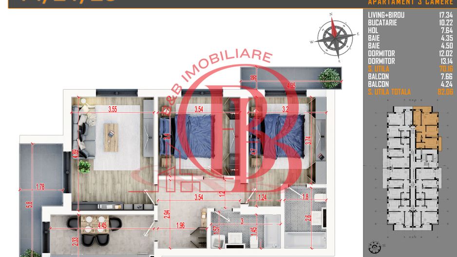 3 camere  - parcare bonus - Titan Pallady comision 0% - Schiță 9