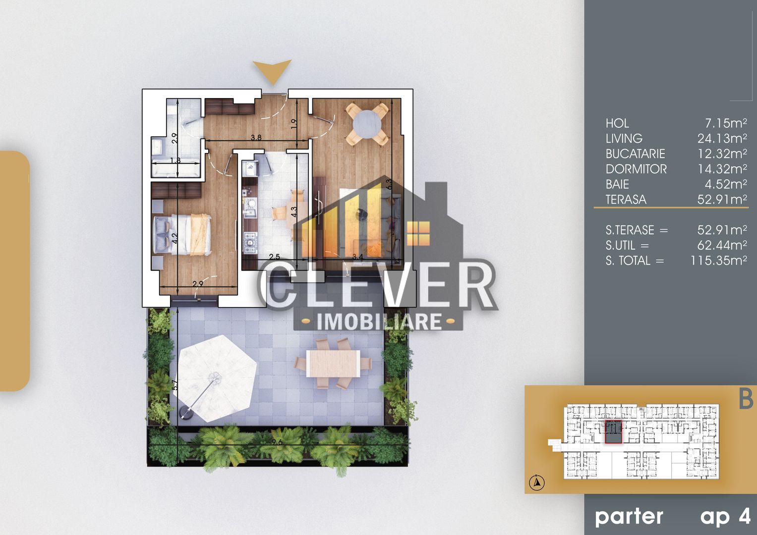 Apartament Decomandat 2 camere cu Terasa 53mp - Poză 1