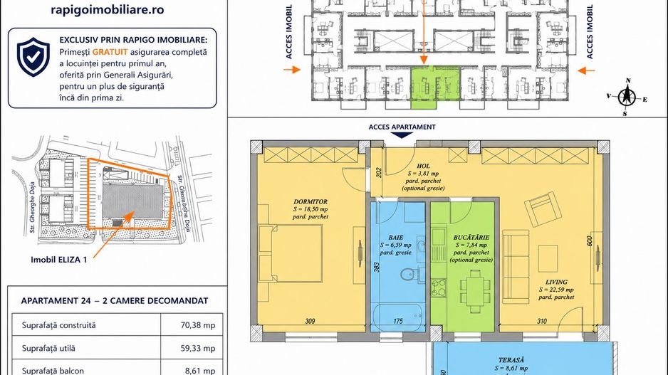 Apartamentul nr. 24 | 2 camere decomandat | Etaj 3 | Terasă 8,61 mp | - Poză 1