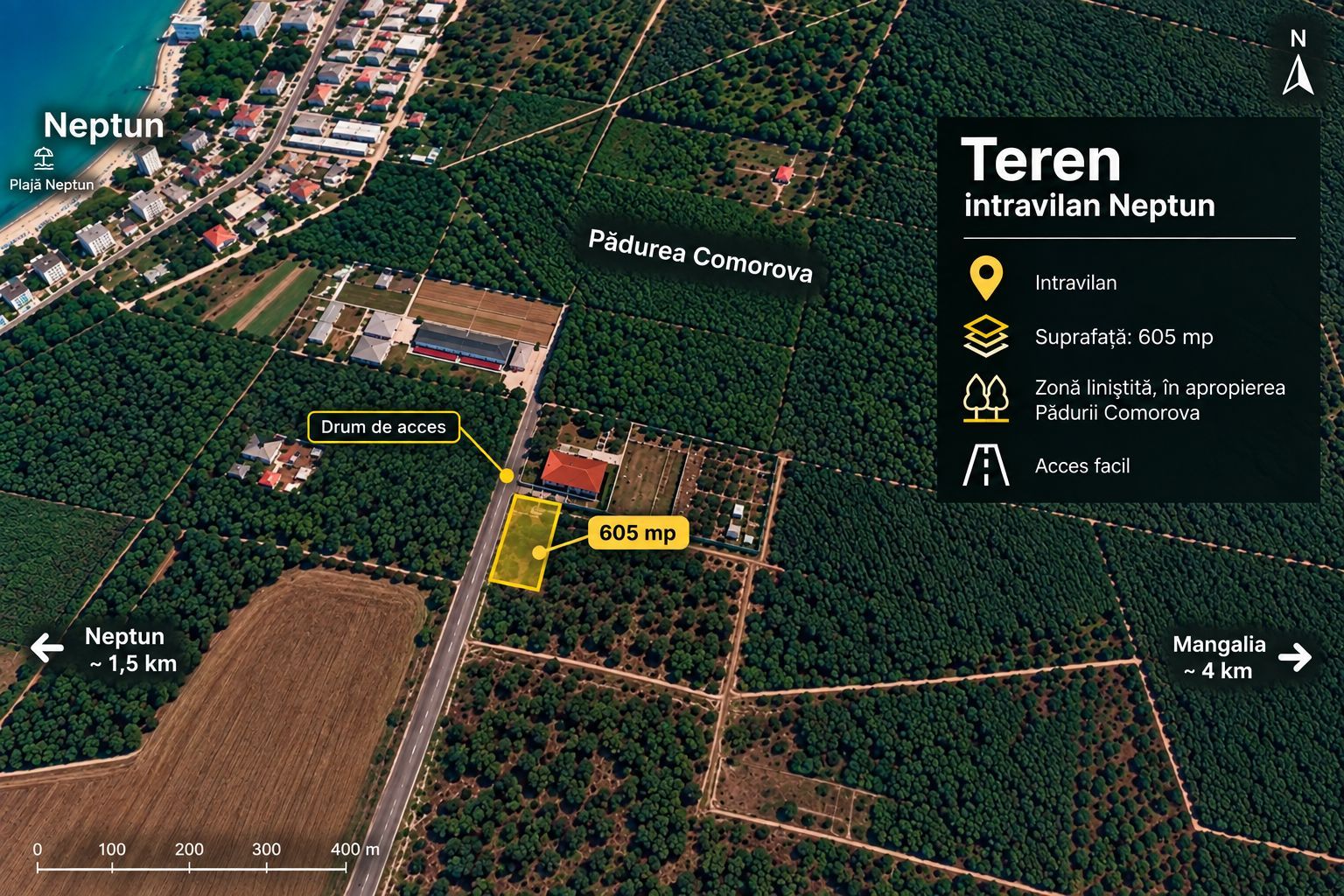 Teren intravilan 605 mp | Neptun – Comorova | Deschidere la șosea - Poză 1