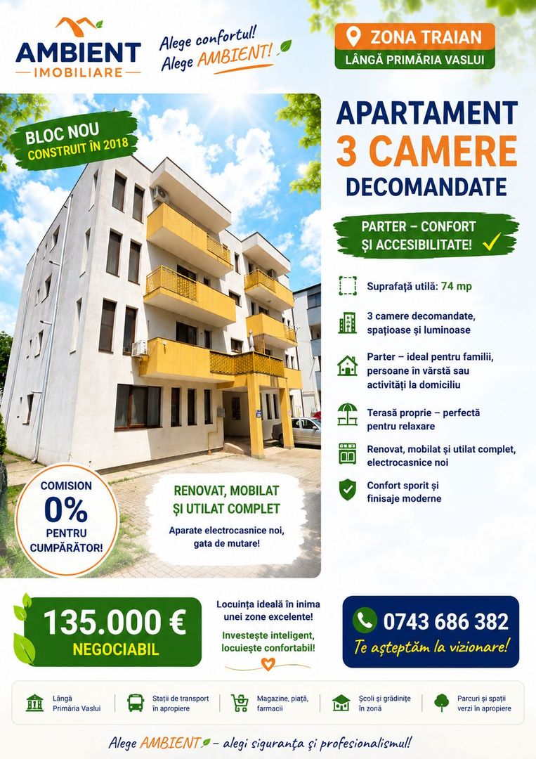 Apartament cu 3 camere, bloc NOU, mobilat și utilat, VASLUI - zona TRAIAN; - Poză 1