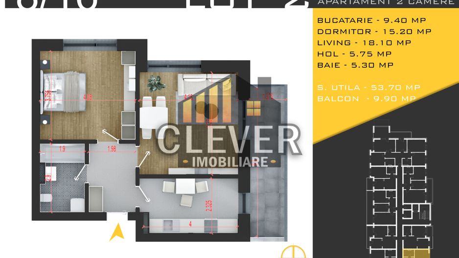 2 camere | 63,60 mp total | Balcon 9,90 mp | Comision 0% - Poză 3