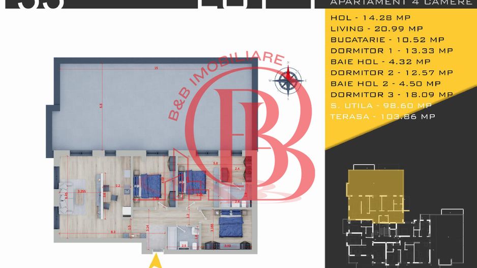 4 camere cu terasa de 100/mp  -parcare gratuita - Schiță 10