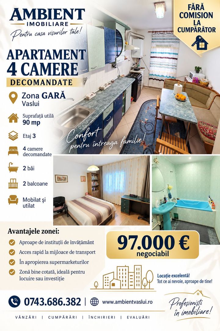 Apartament cu 4 camere, etaj 3, mobilat și utilat, VASLUI - GARĂ; - Poză 1