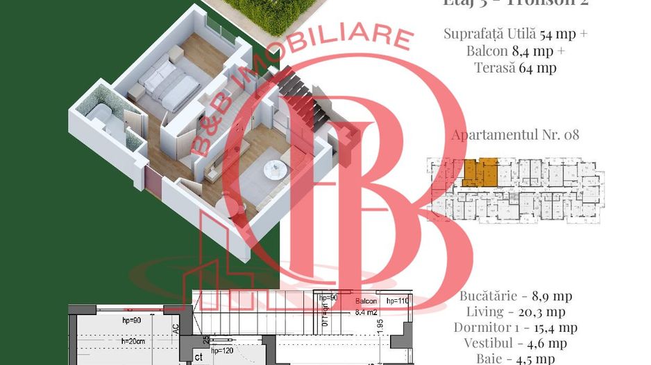 Apartament 2 camere cu Terasa Metrou Nicolae Teclu - Schiță 3