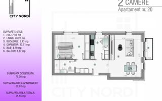 Apartament 20 / 32 – 2 camere – 62.2 mp – Balcon – Etaj 1 / Etaj 2 - Poză 1