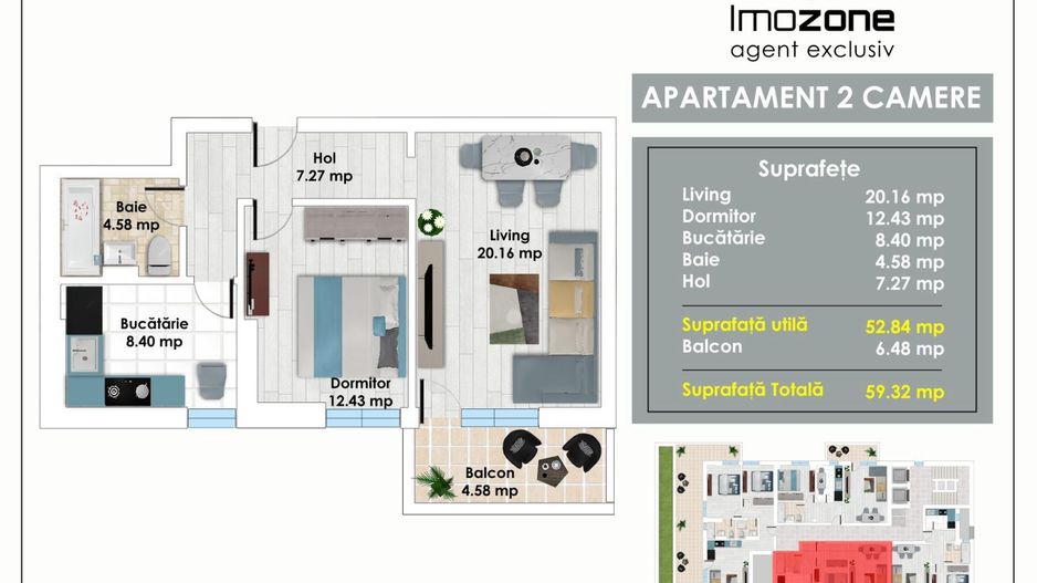 Apartament Spatios cu 2 Camere, 59 mp, Balcon, Bucatarie Inchisa, langa Metrou - Poză 2