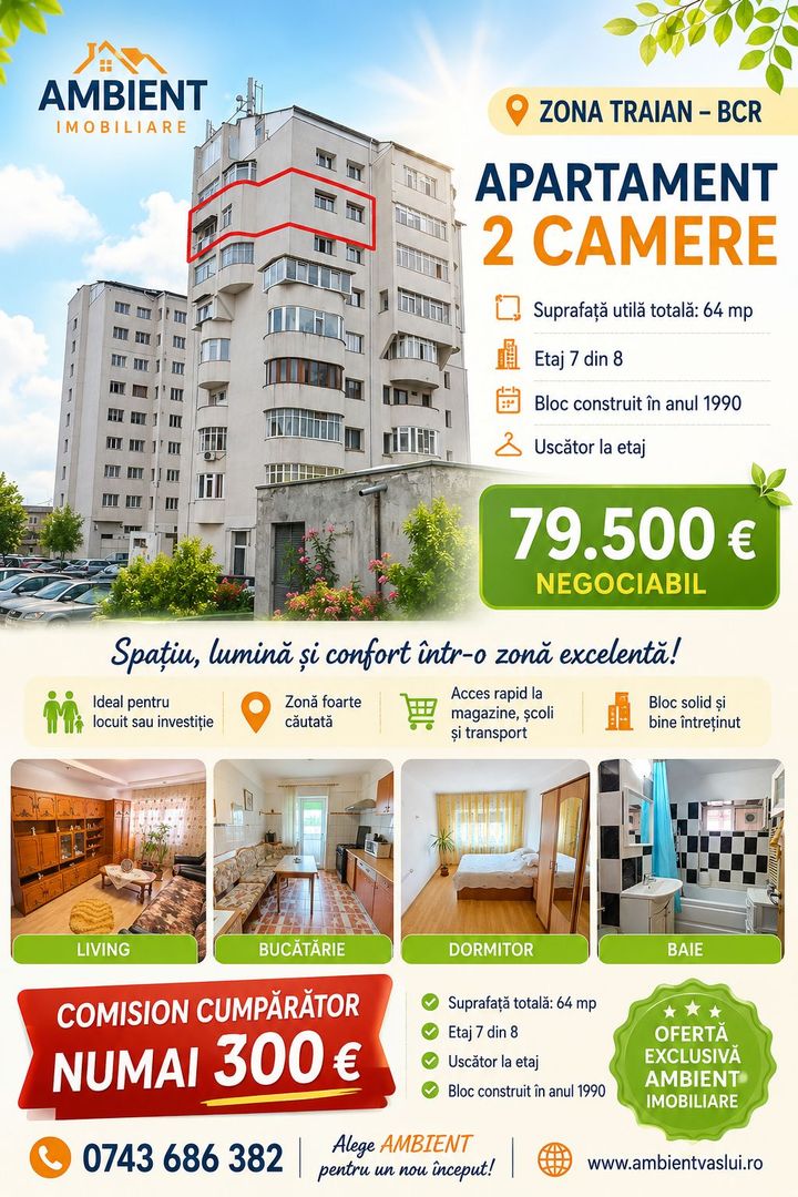 Apartament cu 2 camere, mobilat și utilat, etaj 7, zona TRAIAN - Poză 1