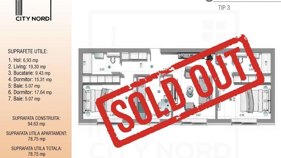 Apartament 3 camere - 79,36mp - CITY NORD 1 Decembrie - Poză 1