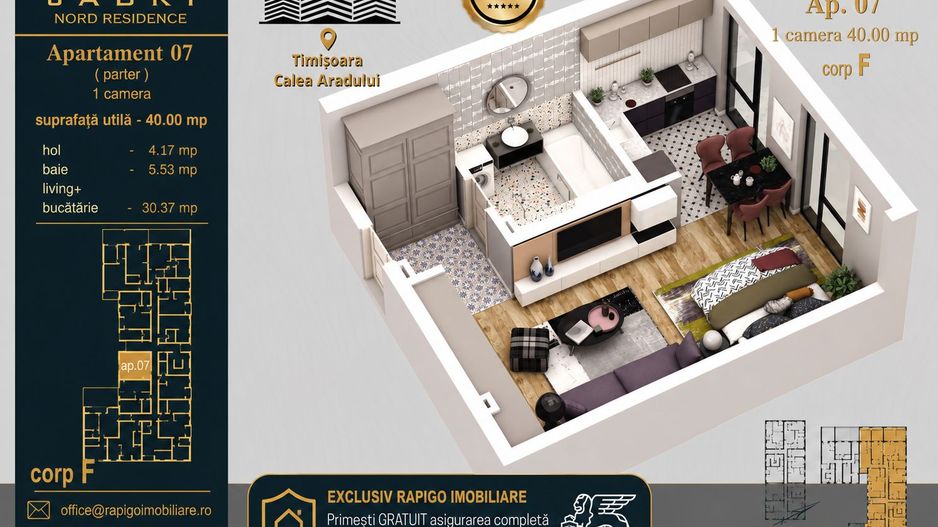 Apartament 07, Corp F – Studio | 40,29 mp | Jabri Nord Residence - Poză 1