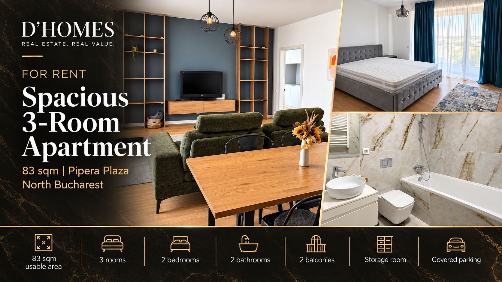 For Rent | Spacious 3-Room Apartment | 83 sqm | Pipera Plaza - Poză 1