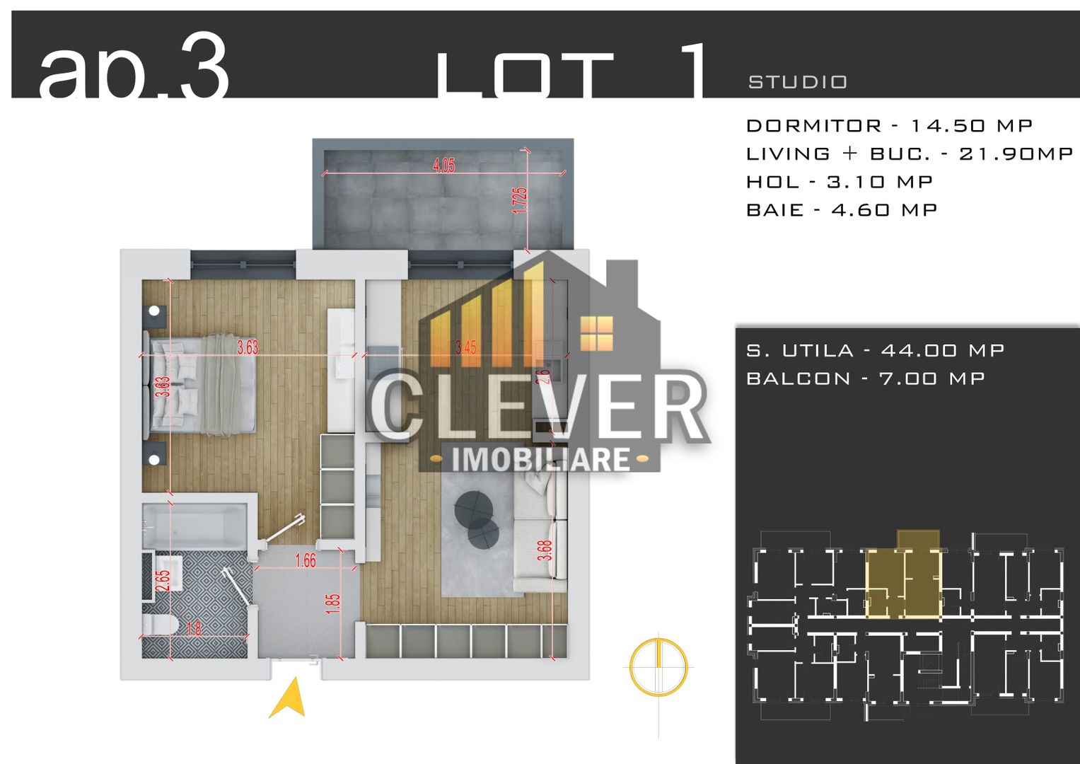 Studio Spațios 44mp - Zona Pallady - Încălzire Pardoseală - Comision 0% - Poză 3