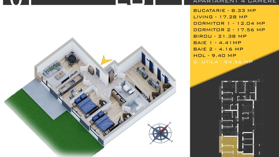 4 camere cu Gradina si Parcare Gratis Titan Pallady - Schiță 12