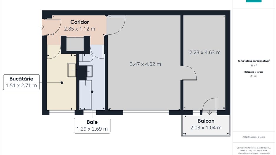 Apartament cu 2 camere, 39 mp, zonă centrală - Poză 7