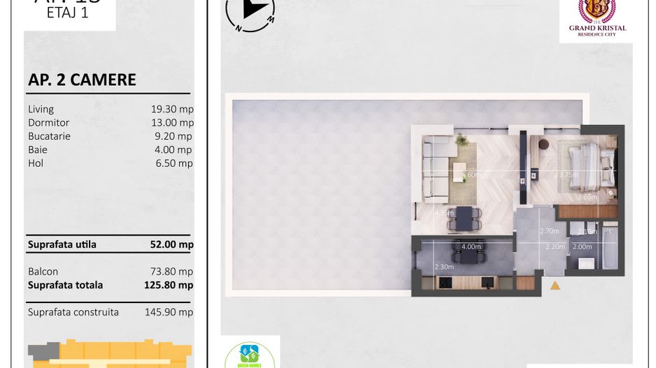 Apartament nou cu terasa 74 mp - 2 camere decomandate, Bd. Metalurgiei - Schiță 5