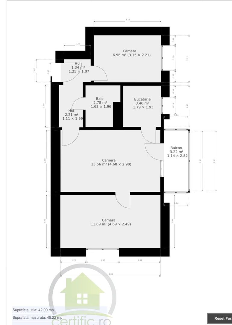 Sagului- Piata Doina | 3 Camere | 42 mp Utili. - Schiță 8