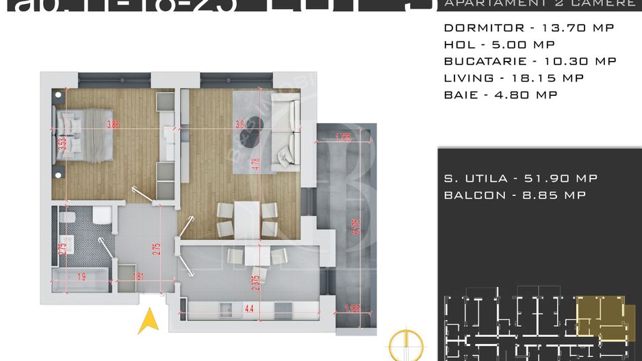 2 camere decomandat Metrou Nicolae Teclu-Titan-Sector 3 - Schiță 2