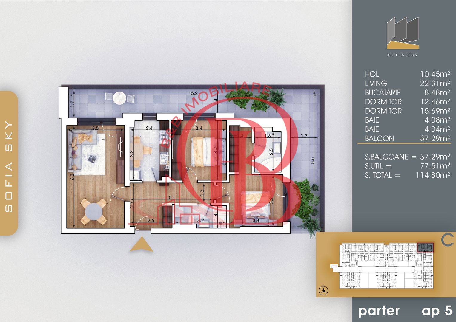 Finalizat-3 camere-2 bai-Terasa 37mp-7min Metrou N. Teclu - Schiță 8