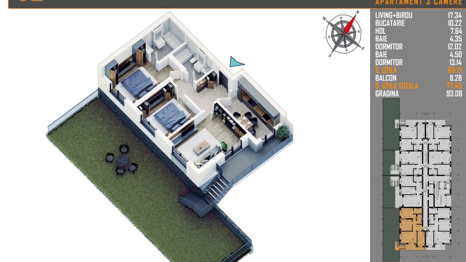 3 camere cu gradina- parcare bonus -  Pallady -  comision 0% - Schiță 1