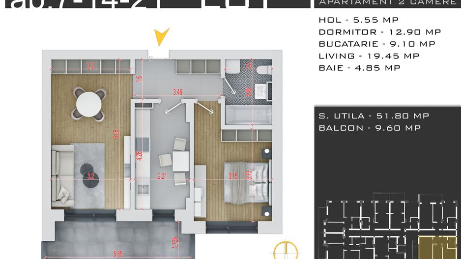 2 camere decomandat -parcare inclusa -Pallady - Schiță 1