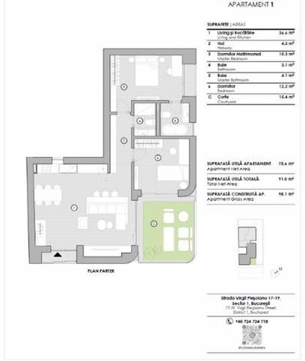 3 CAMERE +CURTE || Bloc boutique || DOMENII - Schiță 16