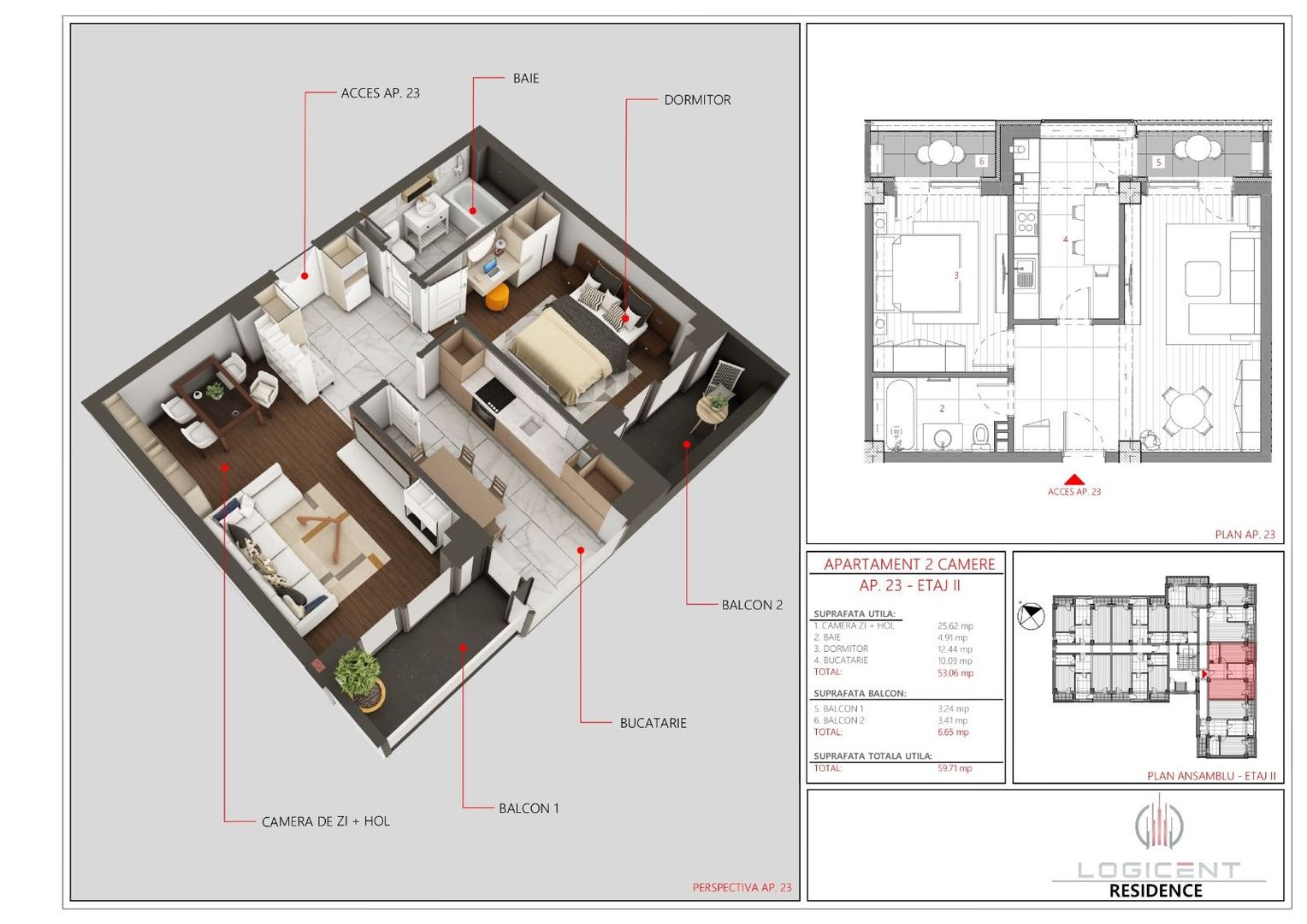 APARTAMENT NOU - 2 camere, ETAJ 2, Complex LOGICENT; - Poză 3