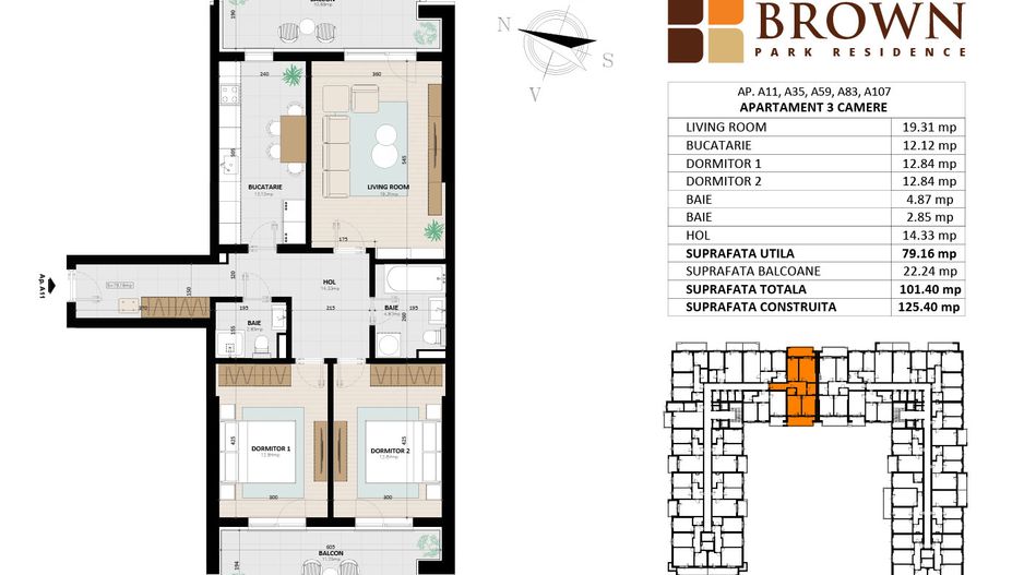 Apartament nou cu 3 camere, Brown Park Residence, Berceni, langa parc - Schiță 10
