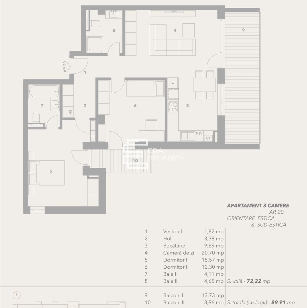 Apartament 3 camere – Etaj intermediar – Bloc cu lift si boxa inclusa – Sibiu - Schiță 12