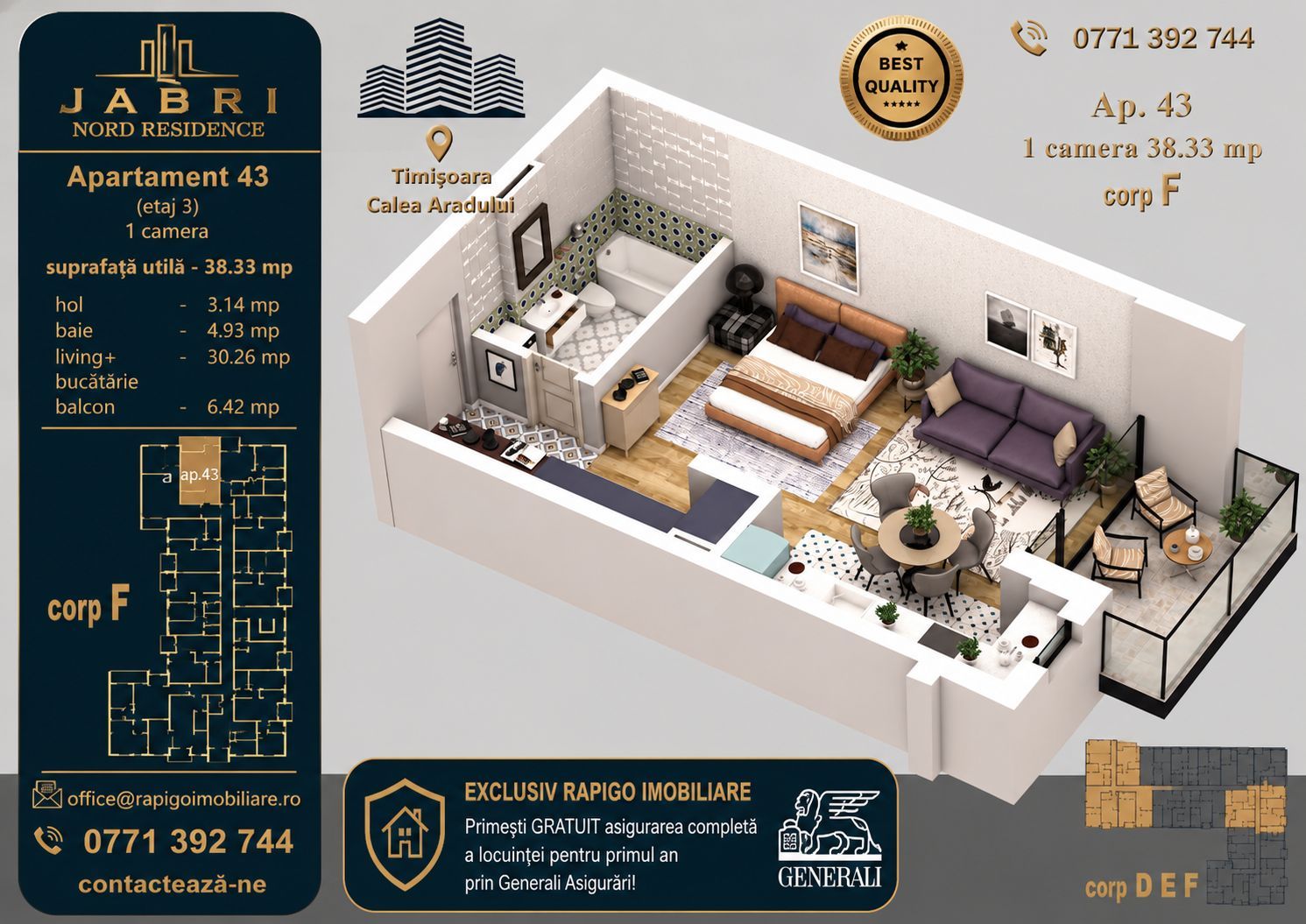 Apartament 43, Corp F – Studio | 38,51 mp | Etaj 3 | Jabri Nord Reside - Poză 1