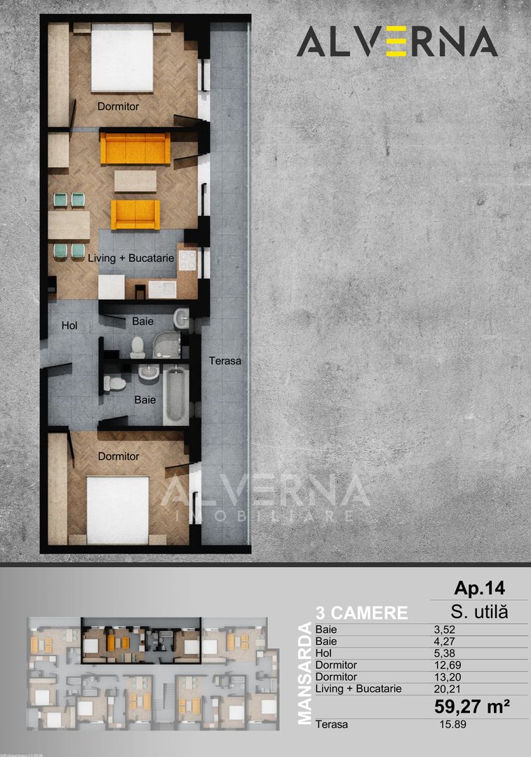 COMISION 0%! Apartament 3 camere, 59mp, semifinisat, terasa - Terra - Poză 1