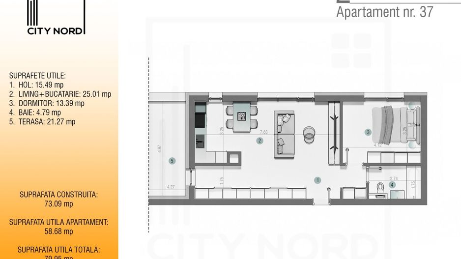 Apartament 37 – 2 camere – 58.7 mp – Terasă – Etaj 3R - Poză 1