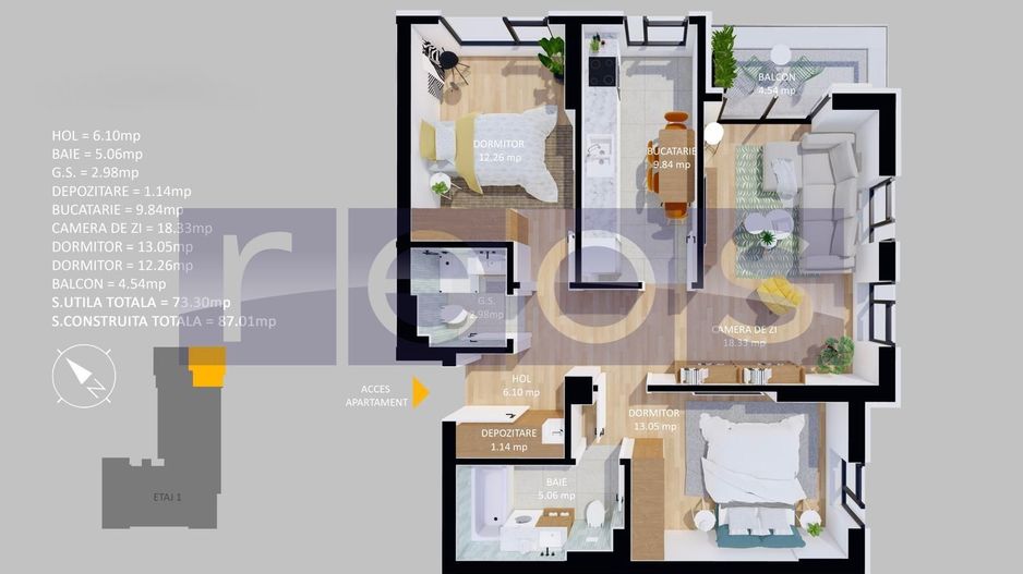 VANZARE APARTAMENT LA CHEIE | 3 CAMERE | 73 MP | TERASA | PARCARE - Schiță 11