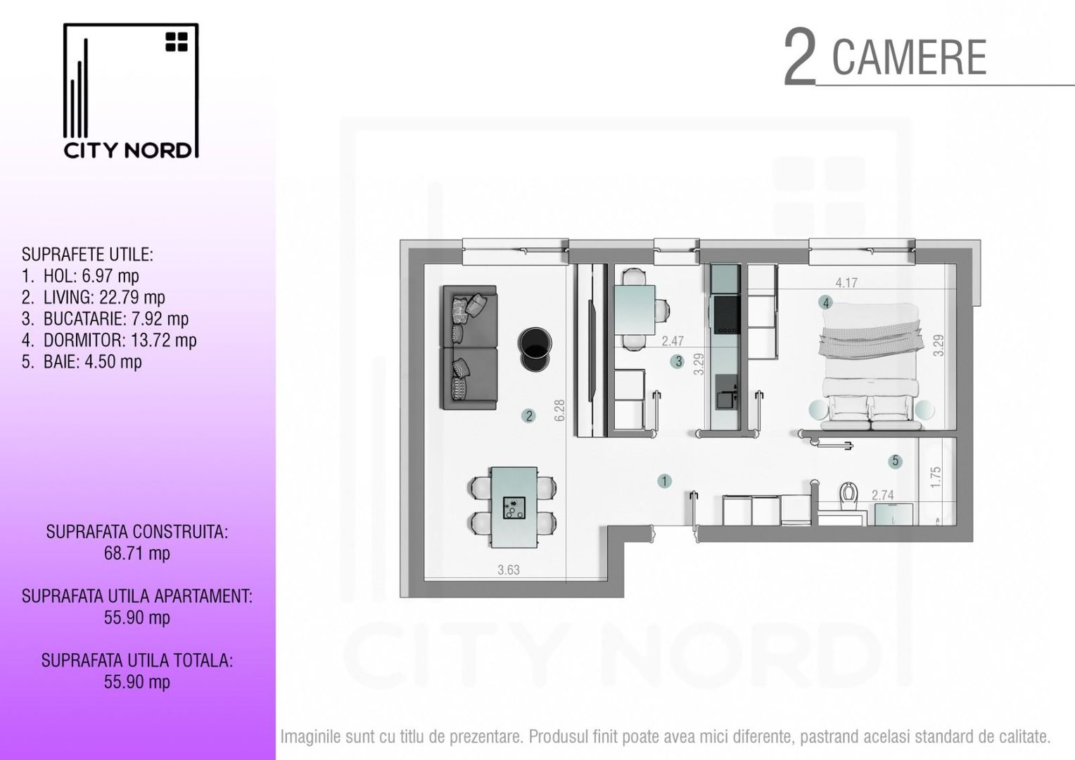 Apartament 2 camere - 56 mp - CITY NORD Stefan cel mare - Poză 1