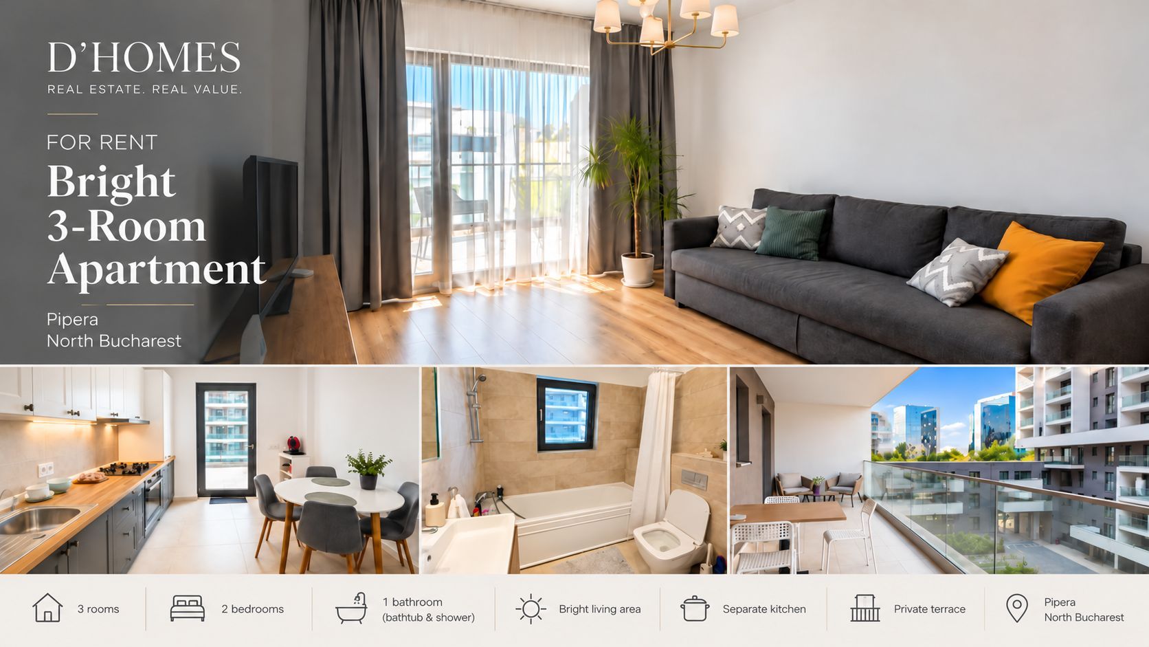 For Rent | New 2-Room Apartment | 22 sqm Terrace | Prima Vista - Poză 1