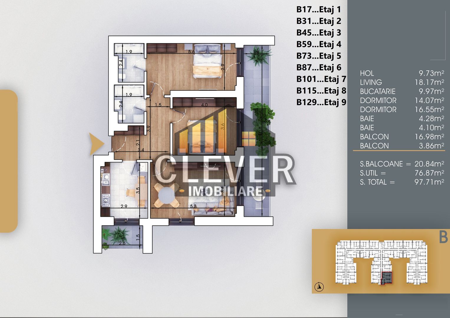 Apartament 97m², balcon principal generos, etaj 6, 2 băi, Metrou 700m - Poză 2