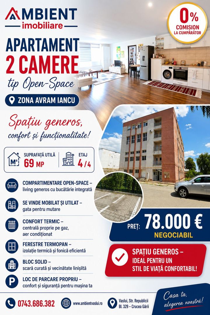 Apartament cu 2 camere tip ”open-space”, mobilat și utilat, zona CRUCEA GĂRII; - Poză 1