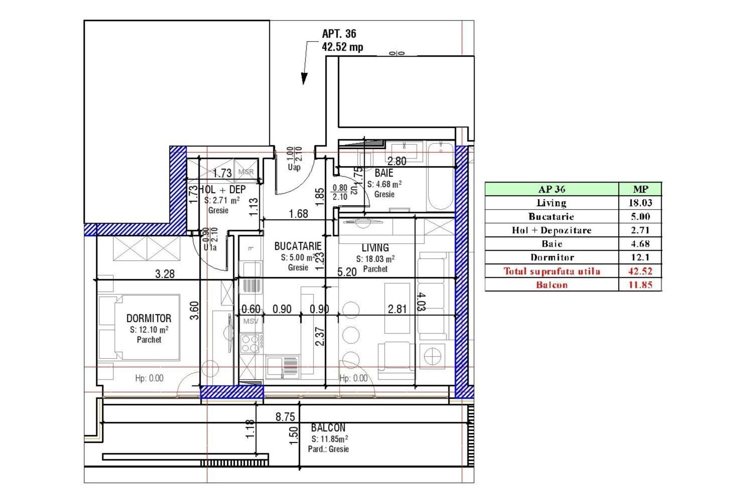 Apartament Studio | 42.52 mp + 11.85 mp Balcon | Sala Polivalentă - Schiță 10