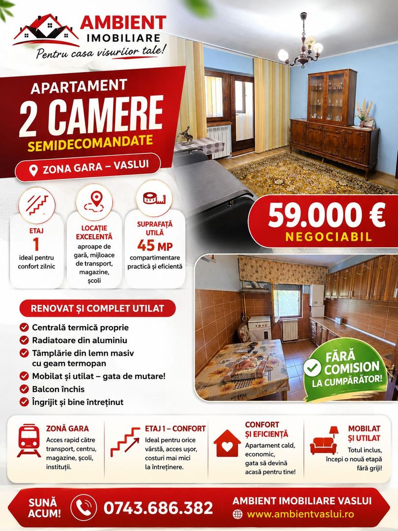 Apartament cu 2 camere, etaj 1, mobilat și utilat, VASLUI - zona GARĂ; - Poză 1