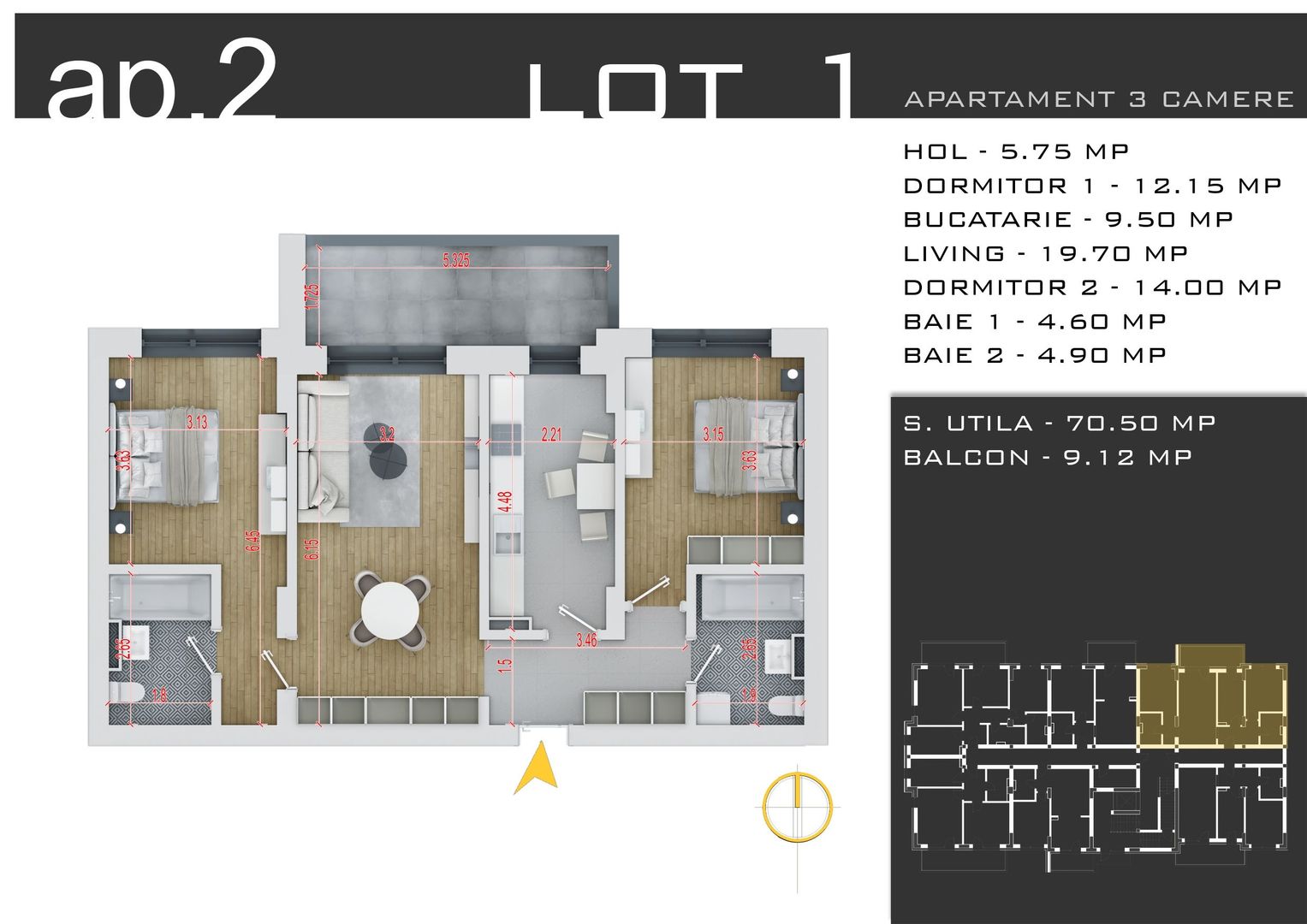 3 camere -parcare inclusa - proiect nou -Pallady - Schiță 12