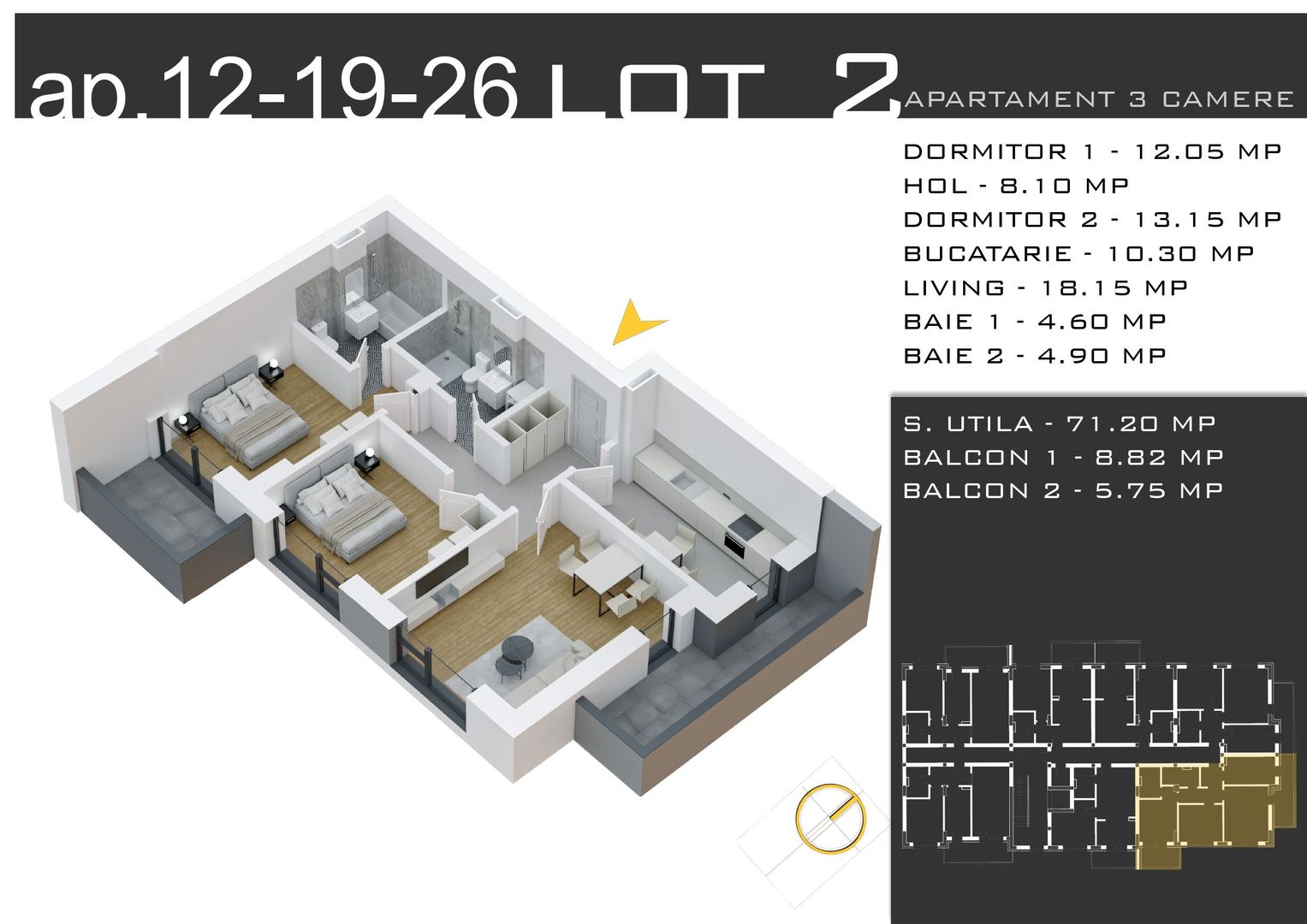 3 camere -parcare inclusa - proiect nou -Pallady - Schiță 13
