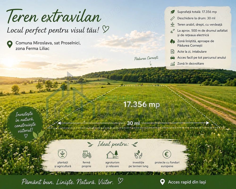 Teren extravilan 1,7 ha în Miroslava, sat Proselnici, zona Ferma Liliac - Poză 1
