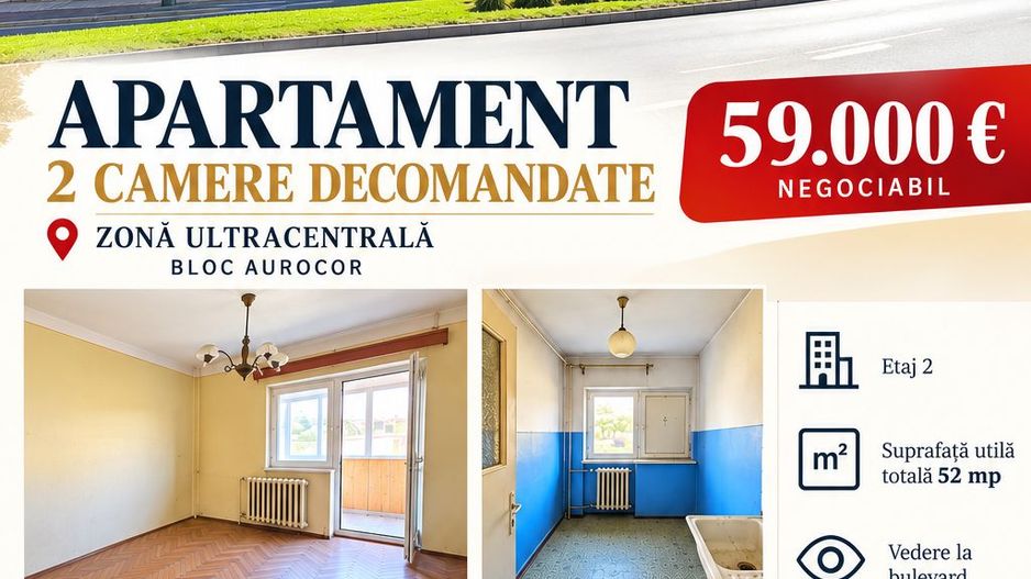 APARTAMENT 2 CAMERE DECOMANDATE, ETAJ 2, ULTRACENTRAL – BLOC AUROCOR; - Poză 1