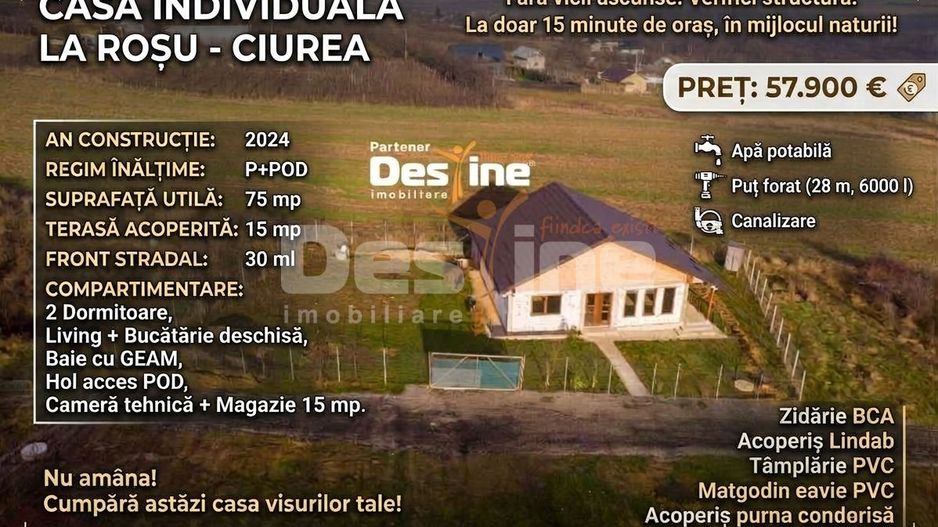 Casă individuală 3 camere 75 mp P+POD 570 mp teren - Poză 1