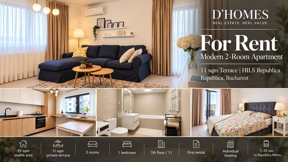 For Rent | Modern 2-Room Apartment | 55 sqm | HILS Republica - Poză 1