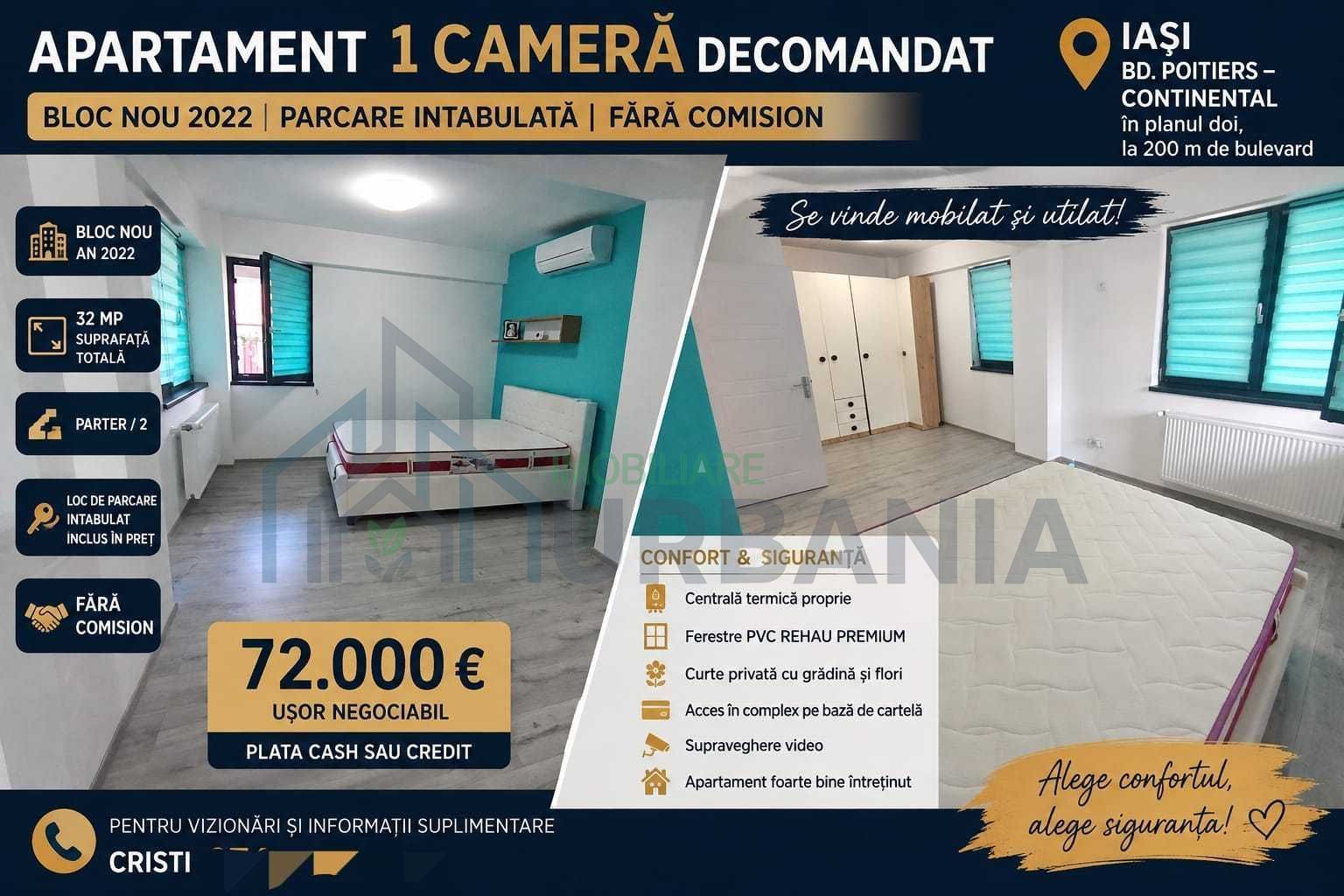 Apartament 1 cameră decomandat, complex rezidențial 2022, Bd. Poitiers – Continental, Iași, parcare intabulată și curte privată - Poză 1