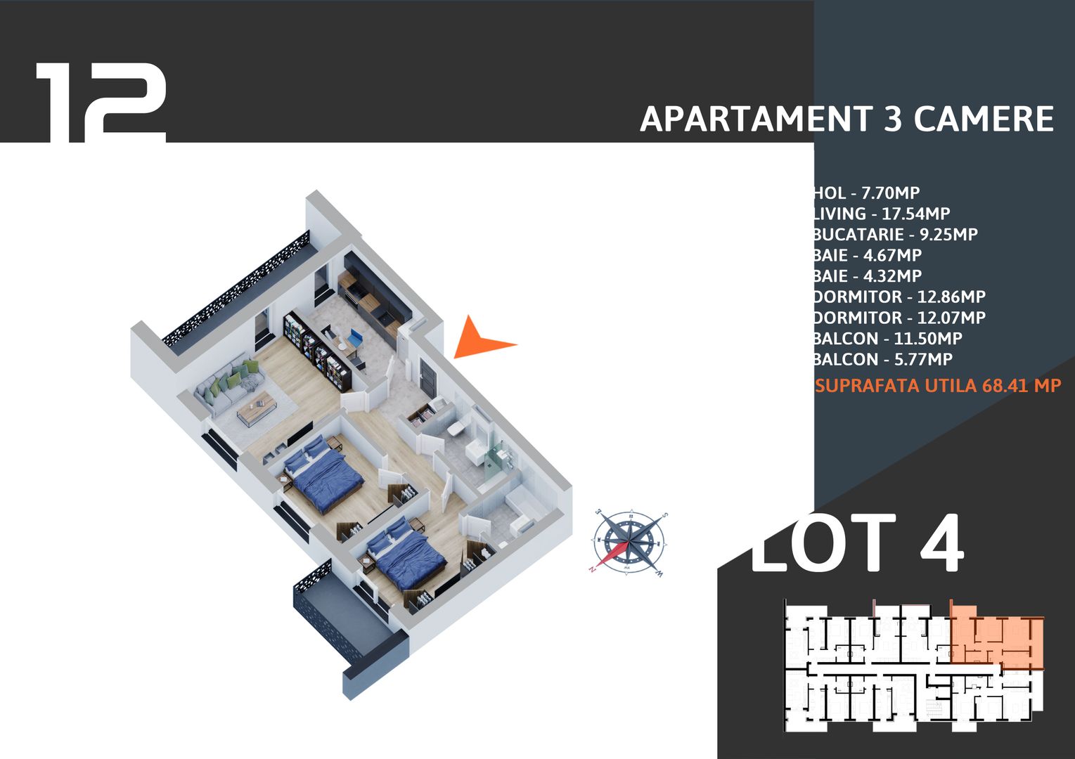3 camere  2 bai decomandat parcare gratuita demisol - Schiță 1