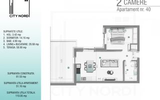 Apartament 40 – 2 camere – 51.2 mp – Terasă – Etaj 3R - Poză 1
