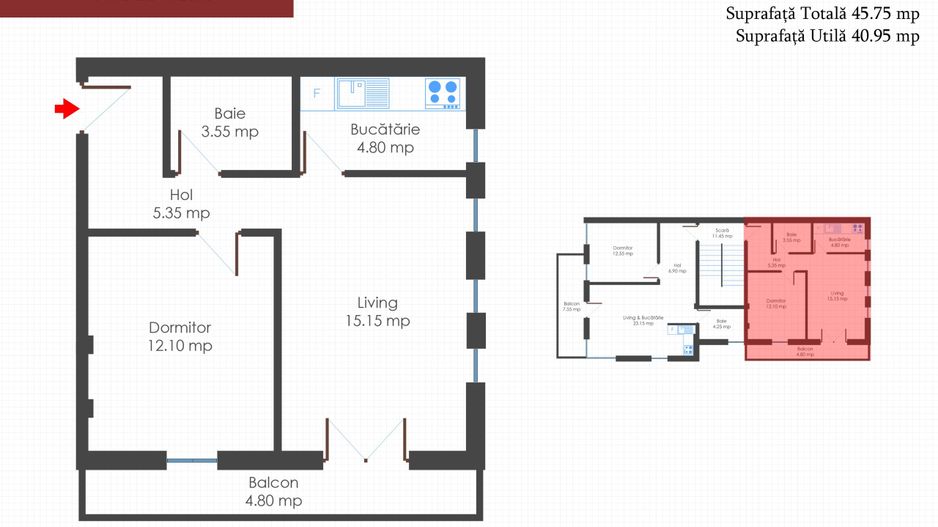 Apartament 2 camere, bloc nou, finisat la cheie, centrala termica individuala - Schiță 8