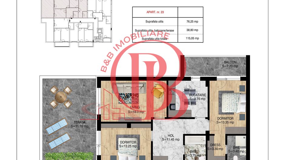 3 camere decomandat cu terasa  Pallady Metrou Nicolae Teclu - Schiță 1