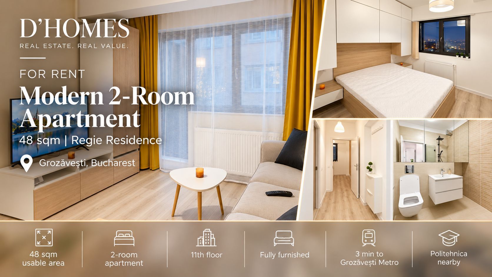 For Rent | Modern 2-Room Apartment | 48 sqm | Regie Residence - Poză 1